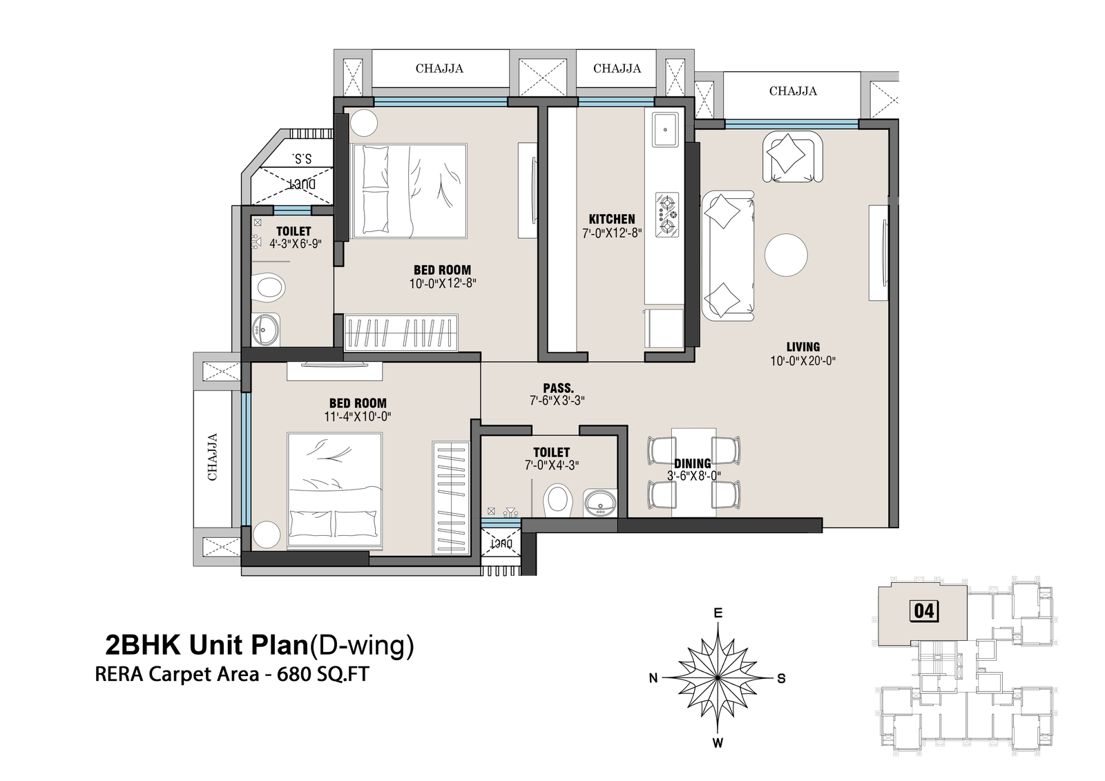 2 BHK unit floor plan